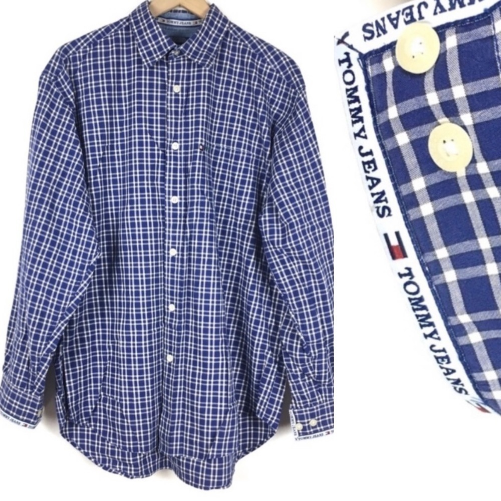 TOMMY JEANS Vintage Y2K Button Up Shirt Long Sleeve Plaid Cuff Logo Size Medium
